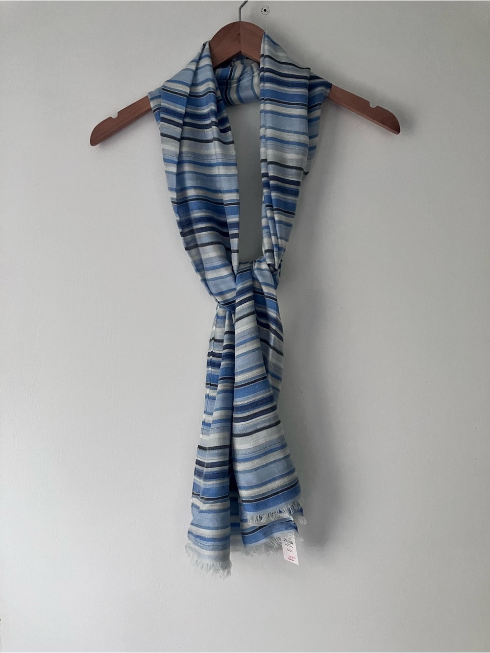 Talbots Summer Scarf Long  Blue White Stripes with Silver Metallic Accent Thread